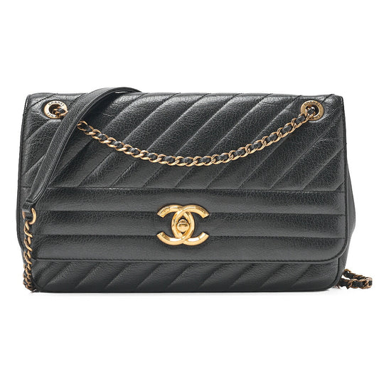 CHANEL Leather Bias Stitch Single Chain Shoulder Black Gold-Tone Hardware, Pre-Owned
