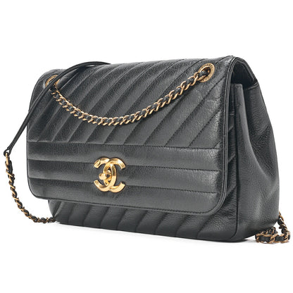CHANEL Leather Bias Stitch Single Chain Shoulder Black Gold-Tone Hardware, Pre-Owned