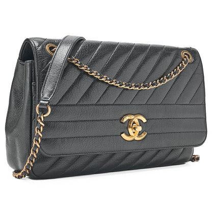 CHANEL Leather Bias Stitch Single Chain Shoulder Black Gold-Tone Hardware, Pre-Owned