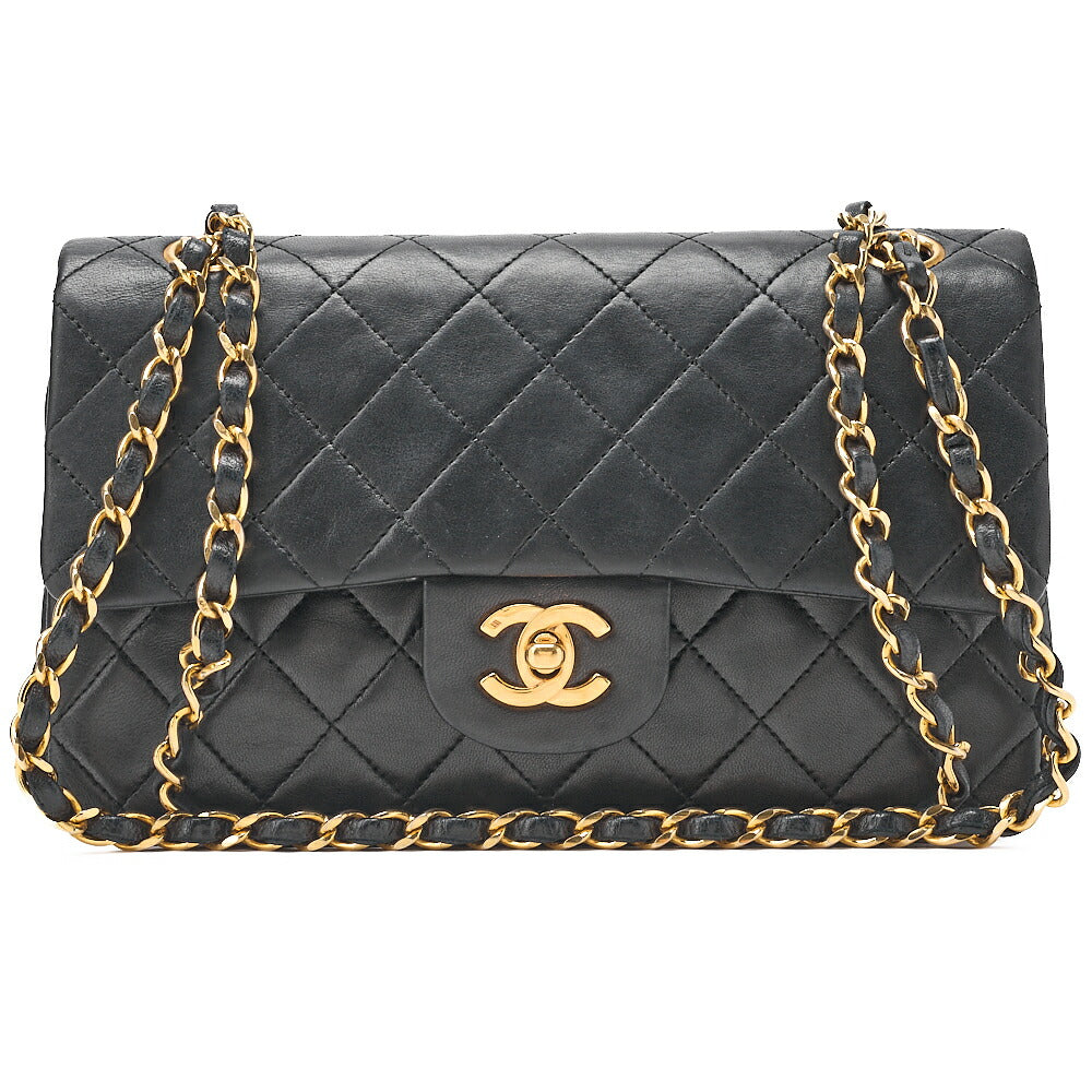 CHANEL Matelasse 23cm Double Flap Chain Shoulder Bag Lambskin Black Gold-Tone Hardware, Pre-Owned