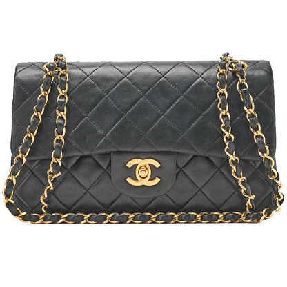 CHANEL Matelasse 23cm Double Flap Chain Shoulder Bag Lambskin Black Gold-Tone Hardware, Pre-Owned