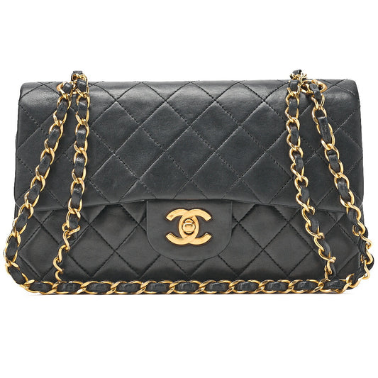 CHANEL Matelasse 23cm Double Flap Chain Shoulder Bag Lambskin Black Gold-Tone Hardware, Pre-Owned