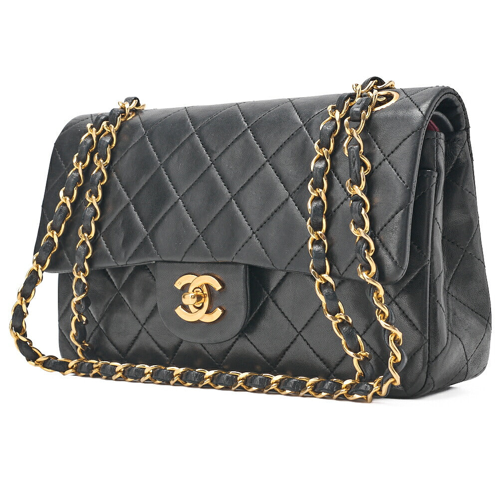 CHANEL Matelasse 23cm Double Flap Chain Shoulder Bag Lambskin Black Gold-Tone Hardware, Pre-Owned