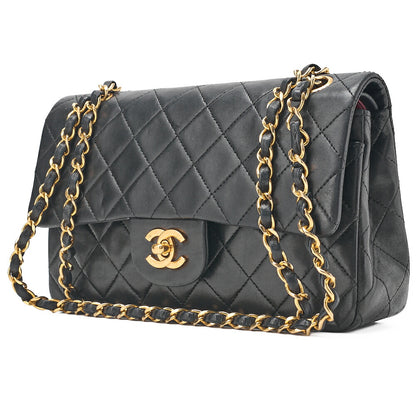 CHANEL Matelasse 23cm Double Flap Chain Shoulder Bag Lambskin Black Gold-Tone Hardware, Pre-Owned