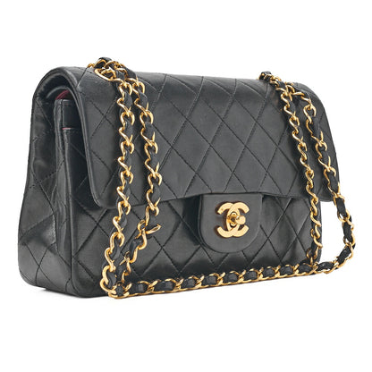 CHANEL Matelasse 23cm Double Flap Chain Shoulder Bag Lambskin Black Gold-Tone Hardware, Pre-Owned