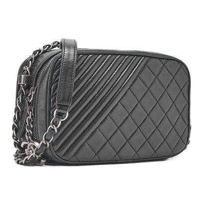 CHANEL Lambskin Cocoboy Camera Bag Chain Shoulder Black Silver-Tone Hardware, Pre-Owned