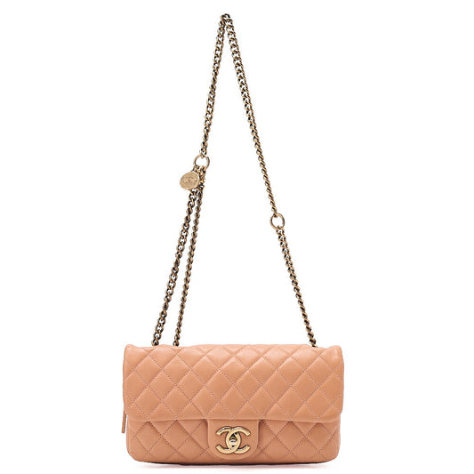 CHANEL Lambskin Matelasse 25cm Single Flap Logo Chain Shoulder Beige Gold-Tone Hardware, Pre-Owned