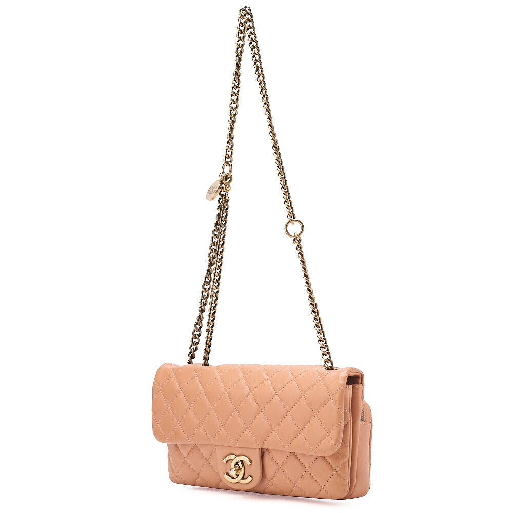 CHANEL Lambskin Matelasse 25cm Single Flap Logo Chain Shoulder Beige Gold-Tone Hardware, Pre-Owned