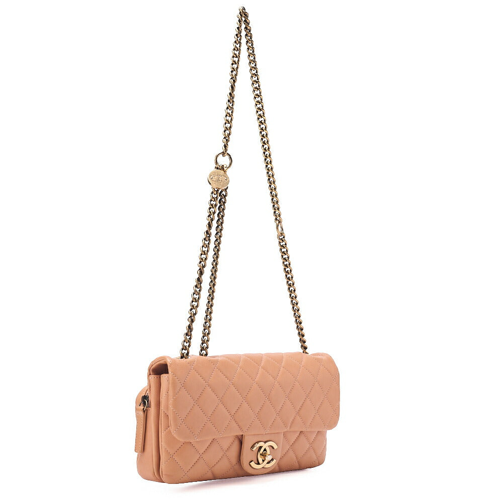 CHANEL Lambskin Matelasse 25cm Single Flap Logo Chain Shoulder Beige Gold-Tone Hardware, Pre-Owned