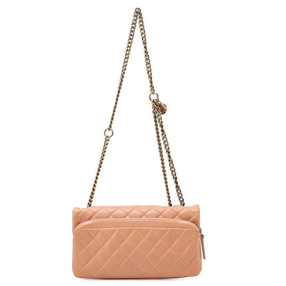 CHANEL Lambskin Matelasse 25cm Single Flap Logo Chain Shoulder Beige Gold-Tone Hardware, Pre-Owned