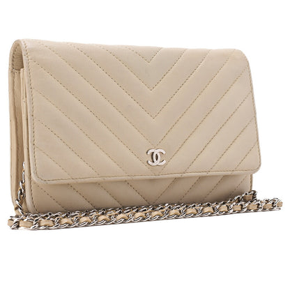 CHANEL Chain Wallet Matelasse V-Stitch Lambskin Beige Silver-Tone Hardware, Pre-Owned