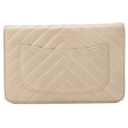 CHANEL Chain Wallet Matelasse V-Stitch Lambskin Beige Silver-Tone Hardware, Pre-Owned