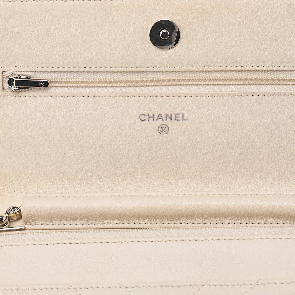 CHANEL Chain Wallet Matelasse V-Stitch Lambskin Beige Silver-Tone Hardware, Pre-Owned