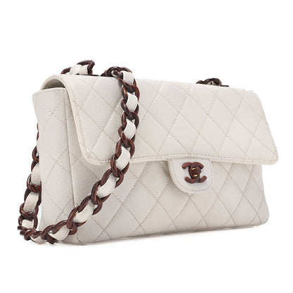CHANEL Wood Chain Shoulder Bag Caviar Skin Wood Pattern Single White Gold-Tone Hardware, Pre-Owned