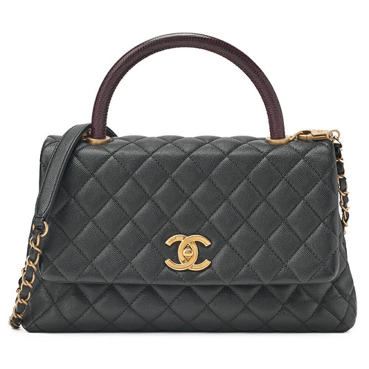 CHANEL Shoulder Bag Matelasse Coco Handle 29 S 2WAY Handbag Caviar Skin x Lizard Black x Bordeaux Gold-Tone Hardware, Pre-Owned