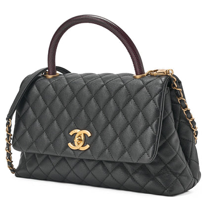 CHANEL Shoulder Bag Matelasse Coco Handle 29 S 2WAY Handbag Caviar Skin x Lizard Black x Bordeaux Gold-Tone Hardware, Pre-Owned