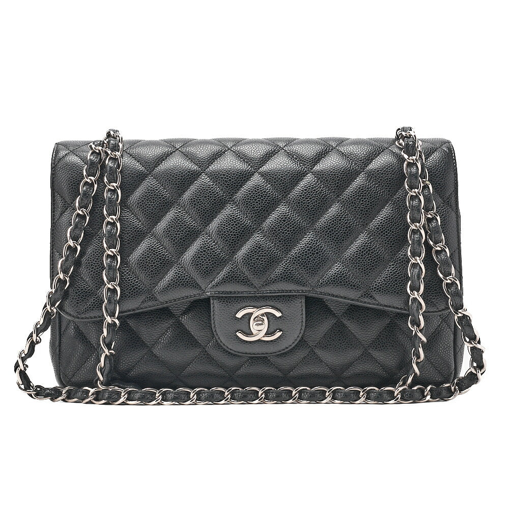 CHANEL Caviar Skin Deka Matelasse 30cm Double Flap Chain Shoulder Bag Black Silver-Tone Hardware, Pre-Owned