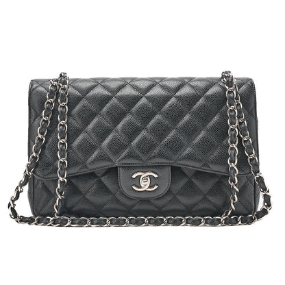 CHANEL Caviar Skin Deka Matelasse 30cm Double Flap Chain Shoulder Bag Black Silver-Tone Hardware, Pre-Owned