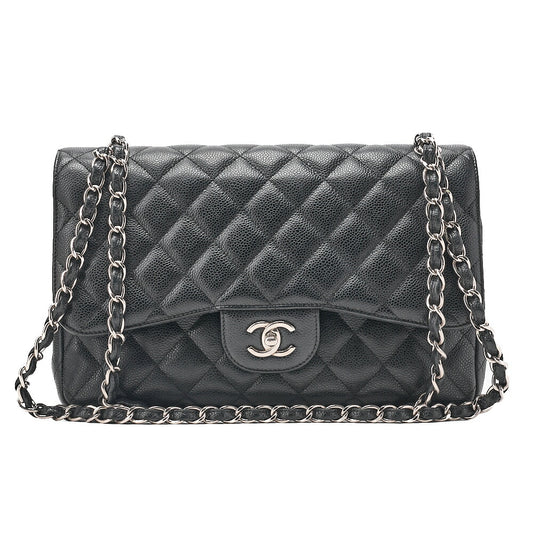 CHANEL Caviar Skin Deka Matelasse 30cm Double Flap Chain Shoulder Bag Black Silver-Tone Hardware, Pre-Owned