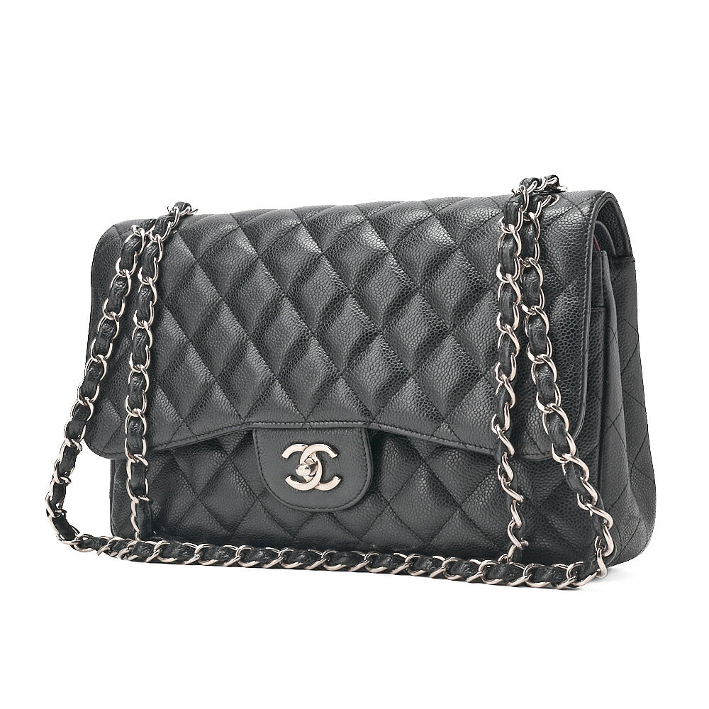 CHANEL Caviar Skin Deka Matelasse 30cm Double Flap Chain Shoulder Bag Black Silver-Tone Hardware, Pre-Owned