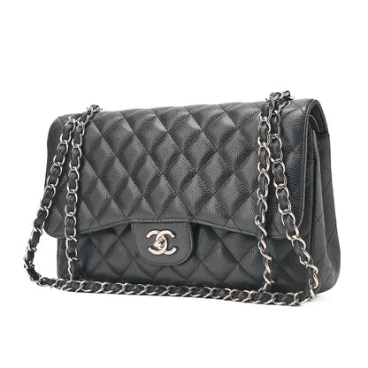 CHANEL Caviar Skin Deka Matelasse 30cm Double Flap Chain Shoulder Bag Black Silver-Tone Hardware, Pre-Owned