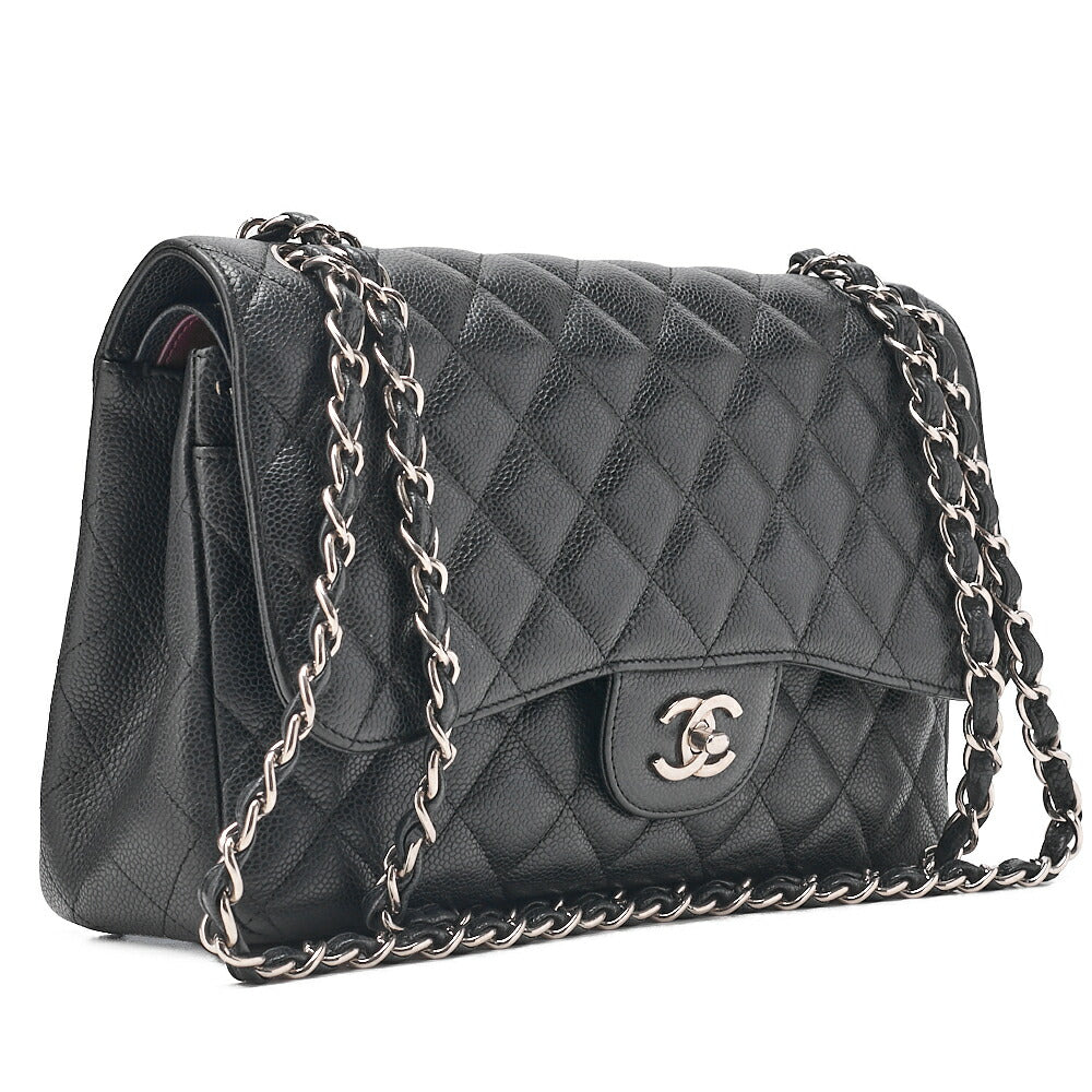 CHANEL Caviar Skin Deka Matelasse 30cm Double Flap Chain Shoulder Bag Black Silver-Tone Hardware, Pre-Owned