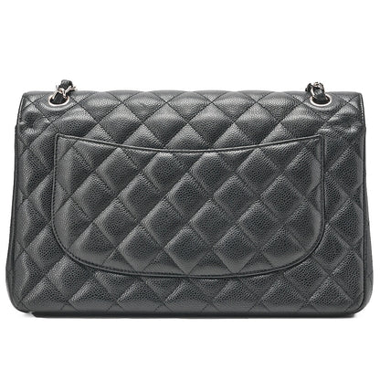 CHANEL Caviar Skin Deka Matelasse 30cm Double Flap Chain Shoulder Bag Black Silver-Tone Hardware, Pre-Owned