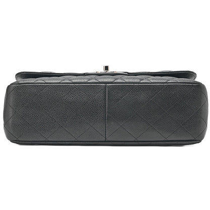 CHANEL Caviar Skin Deka Matelasse 30cm Double Flap Chain Shoulder Bag Black Silver-Tone Hardware, Pre-Owned