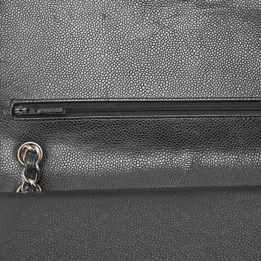 CHANEL Caviar Skin Deka Matelasse 30cm Double Flap Chain Shoulder Bag Black Silver-Tone Hardware, Pre-Owned