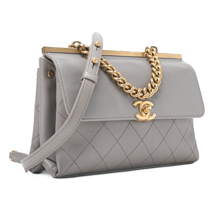 CHANEL Lambskin Matelasse Outside Flap 2WAY Chain Shoulder Gray Gold-Tone Hardware, Pre-Owned