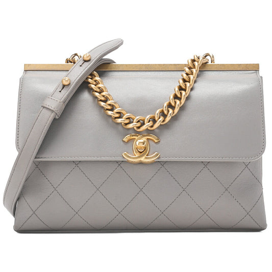 CHANEL Lambskin Matelasse Outside Flap 2WAY Chain Shoulder Gray Gold-Tone Hardware, Pre-Owned