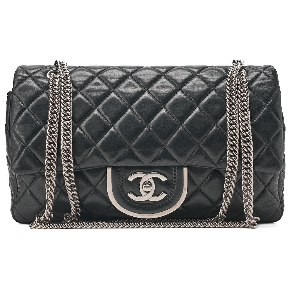 CHANEL Chain Shoulder Bag Matelasse Double Flap Lambskin Black Silver-Tone Hardware, Pre-Owned