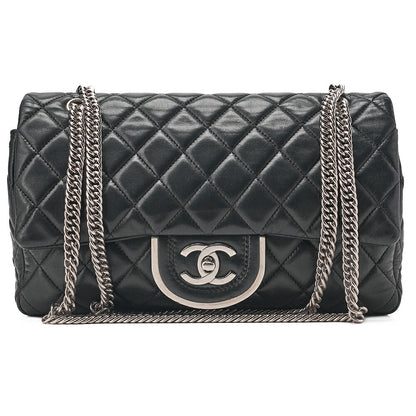 CHANEL Chain Shoulder Bag Matelasse Double Flap Lambskin Black Silver-Tone Hardware, Pre-Owned