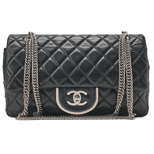 CHANEL Chain Shoulder Bag Matelasse Double Flap Lambskin Black Silver-Tone Hardware, Pre-Owned