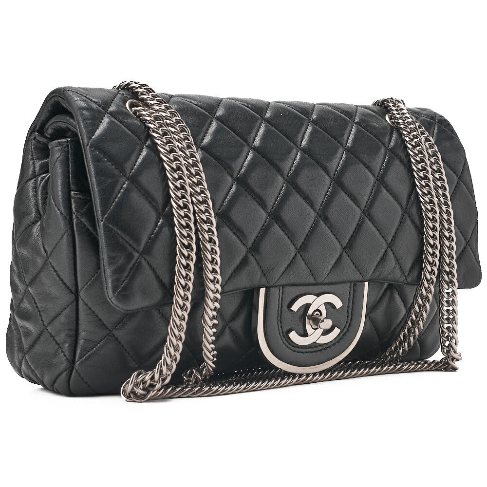 CHANEL Chain Shoulder Bag Matelasse Double Flap Lambskin Black Silver-Tone Hardware, Pre-Owned