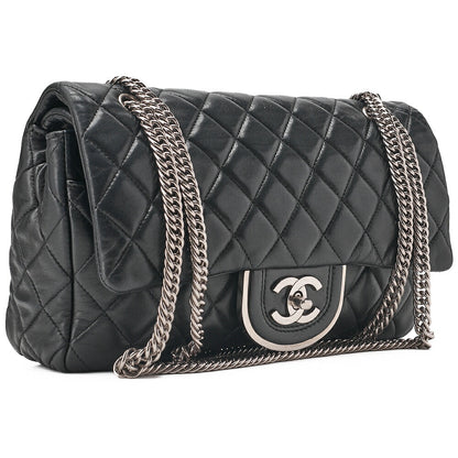 CHANEL Chain Shoulder Bag Matelasse Double Flap Lambskin Black Silver-Tone Hardware, Pre-Owned