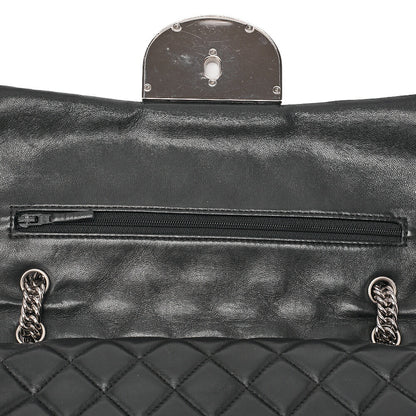 CHANEL Chain Shoulder Bag Matelasse Double Flap Lambskin Black Silver-Tone Hardware, Pre-Owned
