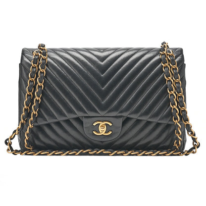 CHANEL Lambskin Deka Matelasse Chevron 30cm Double Flap Chain Shoulder Bag Black Gold-Tone Hardware, Pre-Owned