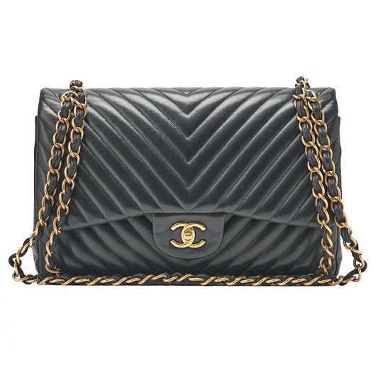 CHANEL Lambskin Deka Matelasse Chevron 30cm Double Flap Chain Shoulder Bag Black Gold-Tone Hardware, Pre-Owned