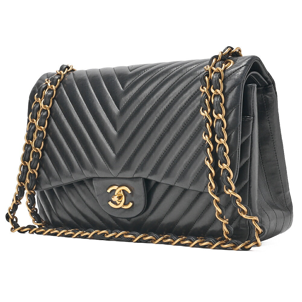 CHANEL Lambskin Deka Matelasse Chevron 30cm Double Flap Chain Shoulder Bag Black Gold-Tone Hardware, Pre-Owned