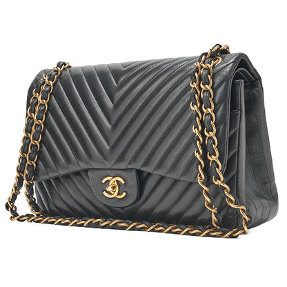 CHANEL Lambskin Deka Matelasse Chevron 30cm Double Flap Chain Shoulder Bag Black Gold-Tone Hardware, Pre-Owned