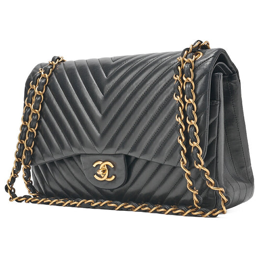 CHANEL Lambskin Deka Matelasse Chevron 30cm Double Flap Chain Shoulder Bag Black Gold-Tone Hardware, Pre-Owned