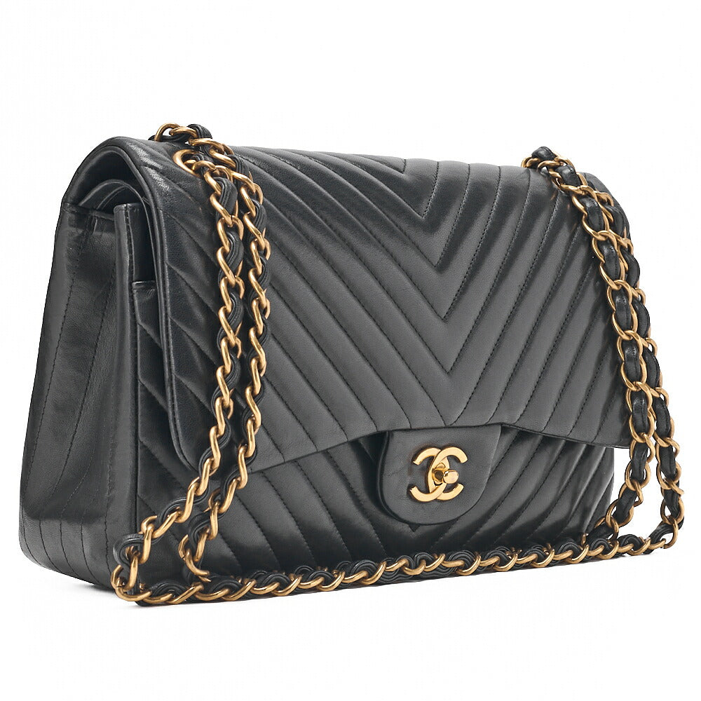 CHANEL Lambskin Deka Matelasse Chevron 30cm Double Flap Chain Shoulder Bag Black Gold-Tone Hardware, Pre-Owned