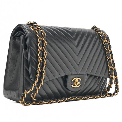 CHANEL Lambskin Deka Matelasse Chevron 30cm Double Flap Chain Shoulder Bag Black Gold-Tone Hardware, Pre-Owned