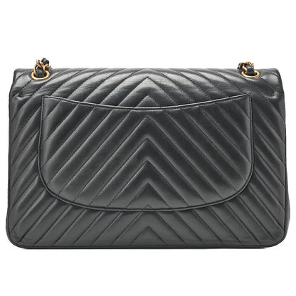 CHANEL Lambskin Deka Matelasse Chevron 30cm Double Flap Chain Shoulder Bag Black Gold-Tone Hardware, Pre-Owned