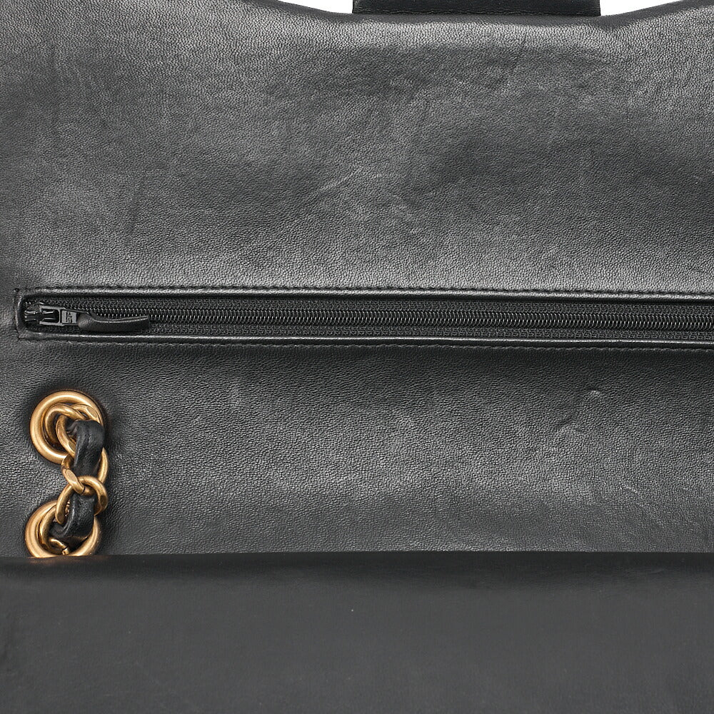 CHANEL Lambskin Deka Matelasse Chevron 30cm Double Flap Chain Shoulder Bag Black Gold-Tone Hardware, Pre-Owned