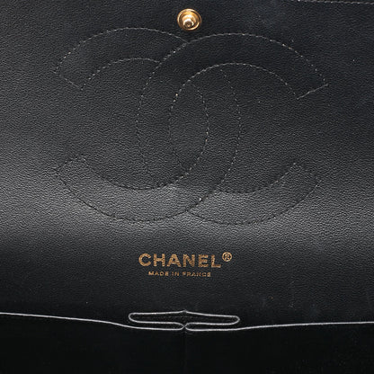 CHANEL Lambskin Deka Matelasse Chevron 30cm Double Flap Chain Shoulder Bag Black Gold-Tone Hardware, Pre-Owned
