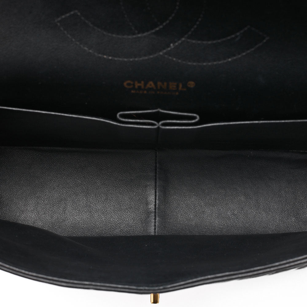 CHANEL Lambskin Deka Matelasse Chevron 30cm Double Flap Chain Shoulder Bag Black Gold-Tone Hardware, Pre-Owned