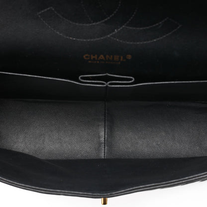 CHANEL Lambskin Deka Matelasse Chevron 30cm Double Flap Chain Shoulder Bag Black Gold-Tone Hardware, Pre-Owned