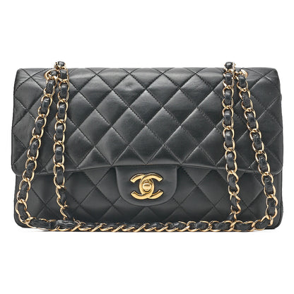 CHANEL Chain Shoulder Bag Matelasse Double Flap 25cm Lambskin Black Gold-Tone Hardware, Pre-Owned